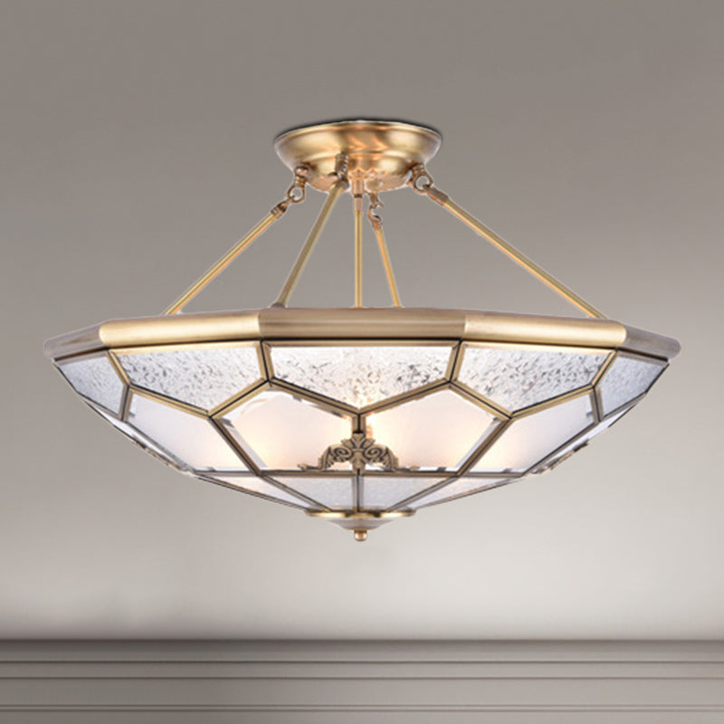 Gold 14���/16���/18��� Wide 3/4/6 Lights Semi Flush Mount Traditional Frosted Glass Faceted Semi Flush Light for Corridor Clearhalo 'Ceiling Lights' 'Close To Ceiling Lights' 'Close to ceiling' 'Glass shade' 'Glass' 'Semi-flushmount' Lighting' 276727