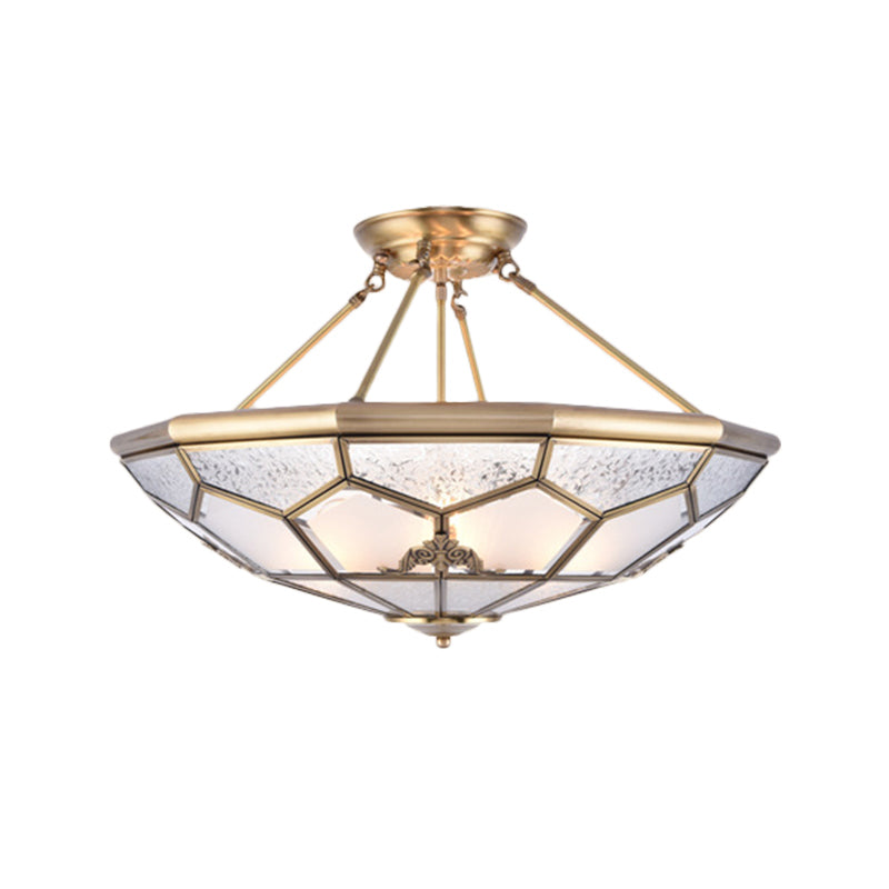 Gold 14���/16���/18��� Wide 3/4/6 Lights Semi Flush Mount Traditional Frosted Glass Faceted Semi Flush Light for Corridor Clearhalo 'Ceiling Lights' 'Close To Ceiling Lights' 'Close to ceiling' 'Glass shade' 'Glass' 'Semi-flushmount' Lighting' 276729