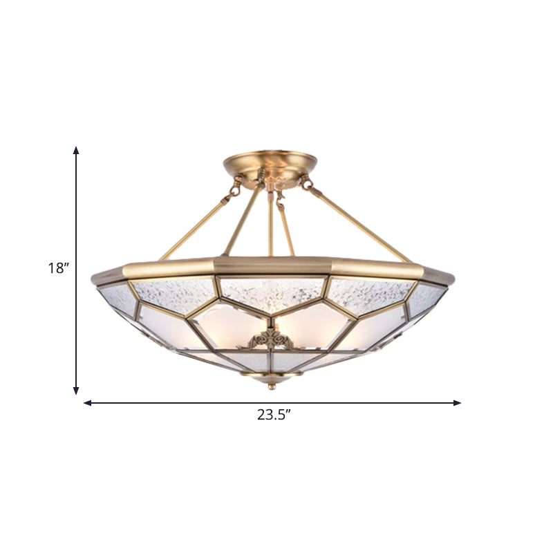 Gold 14���/16���/18��� Wide 3/4/6 Lights Semi Flush Mount Traditional Frosted Glass Faceted Semi Flush Light for Corridor Clearhalo 'Ceiling Lights' 'Close To Ceiling Lights' 'Close to ceiling' 'Glass shade' 'Glass' 'Semi-flushmount' Lighting' 276730
