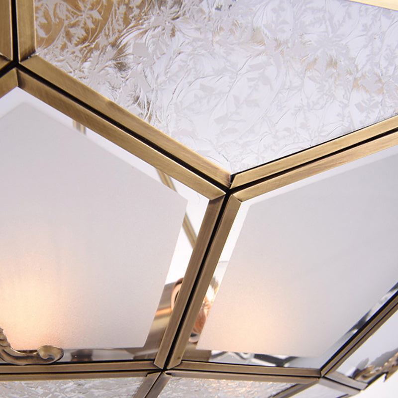 Gold 14���/16���/18��� Wide 3/4/6 Lights Semi Flush Mount Traditional Frosted Glass Faceted Semi Flush Light for Corridor Clearhalo 'Ceiling Lights' 'Close To Ceiling Lights' 'Close to ceiling' 'Glass shade' 'Glass' 'Semi-flushmount' Lighting' 276731