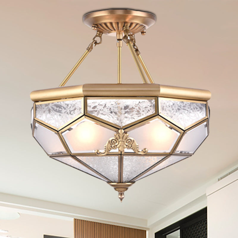 Gold 14���/16���/18��� Wide 3/4/6 Lights Semi Flush Mount Traditional Frosted Glass Faceted Semi Flush Light for Corridor Gold Clearhalo 'Ceiling Lights' 'Close To Ceiling Lights' 'Close to ceiling' 'Glass shade' 'Glass' 'Semi-flushmount' Lighting' 276732