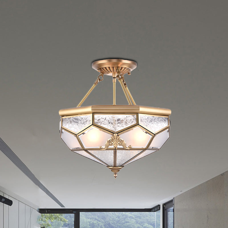 Gold 14���/16���/18��� Wide 3/4/6 Lights Semi Flush Mount Traditional Frosted Glass Faceted Semi Flush Light for Corridor Clearhalo 'Ceiling Lights' 'Close To Ceiling Lights' 'Close to ceiling' 'Glass shade' 'Glass' 'Semi-flushmount' Lighting' 276733