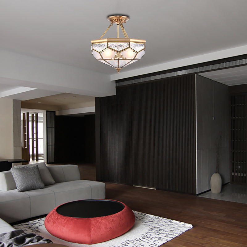 Gold 14���/16���/18��� Wide 3/4/6 Lights Semi Flush Mount Traditional Frosted Glass Faceted Semi Flush Light for Corridor Clearhalo 'Ceiling Lights' 'Close To Ceiling Lights' 'Close to ceiling' 'Glass shade' 'Glass' 'Semi-flushmount' Lighting' 276734