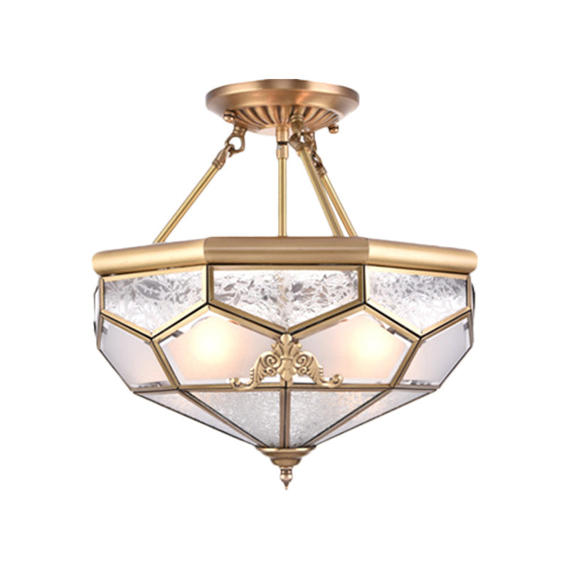 Gold 14���/16���/18��� Wide 3/4/6 Lights Semi Flush Mount Traditional Frosted Glass Faceted Semi Flush Light for Corridor Clearhalo 'Ceiling Lights' 'Close To Ceiling Lights' 'Close to ceiling' 'Glass shade' 'Glass' 'Semi-flushmount' Lighting' 276735