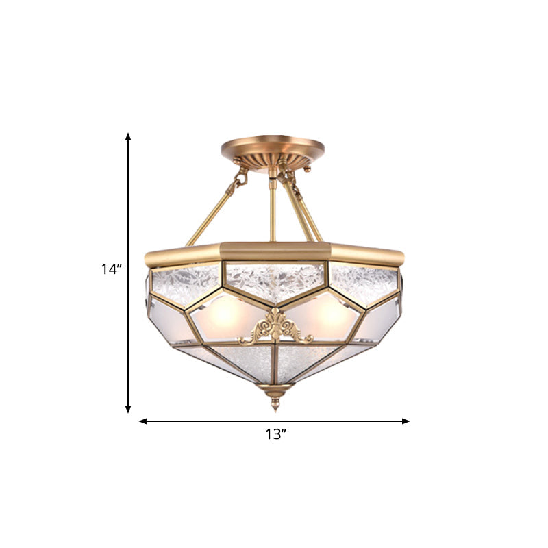Gold 14���/16���/18��� Wide 3/4/6 Lights Semi Flush Mount Traditional Frosted Glass Faceted Semi Flush Light for Corridor Clearhalo 'Ceiling Lights' 'Close To Ceiling Lights' 'Close to ceiling' 'Glass shade' 'Glass' 'Semi-flushmount' Lighting' 276736