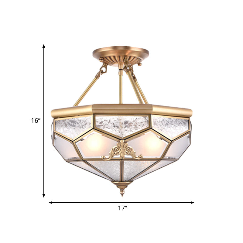 Gold 14���/16���/18��� Wide 3/4/6 Lights Semi Flush Mount Traditional Frosted Glass Faceted Semi Flush Light for Corridor Clearhalo 'Ceiling Lights' 'Close To Ceiling Lights' 'Close to ceiling' 'Glass shade' 'Glass' 'Semi-flushmount' Lighting' 276737