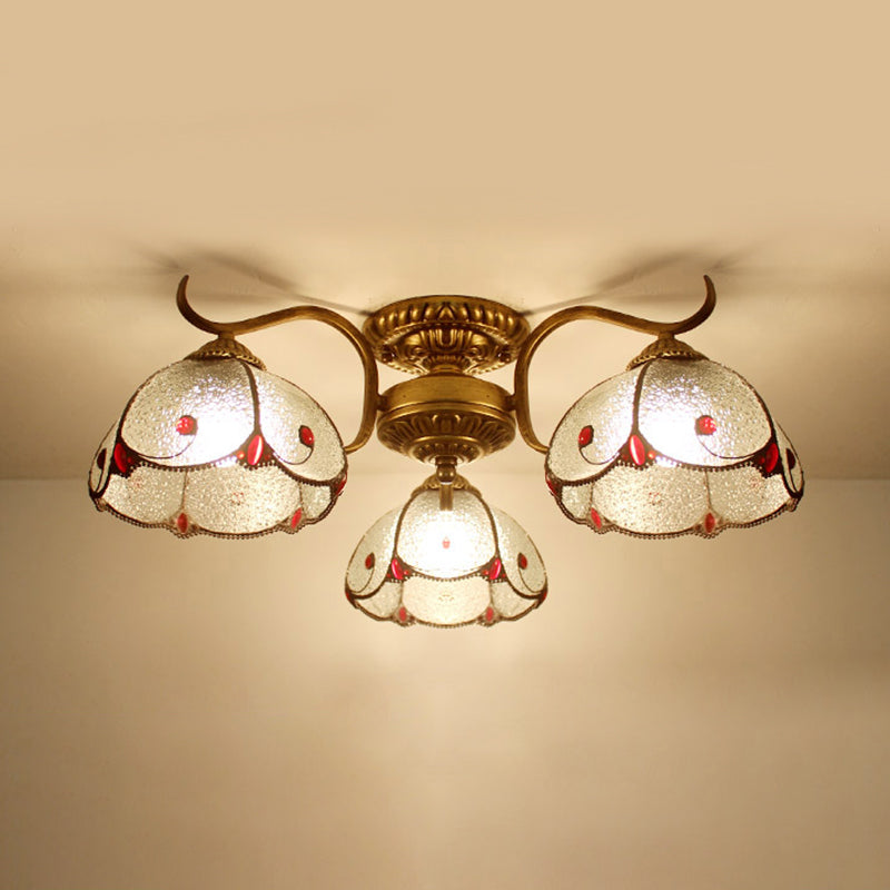 3 Lights Bowl Semi Flushmount Stained Glass Vintage Ceiling Light in Beige/Yellow/Purple/Clear/Blue-Pink/Blue-White/Green-White for Bedroom Clear Clearhalo 'Ceiling Lights' 'Close To Ceiling Lights' 'Close to ceiling' 'Glass shade' 'Glass' 'Semi-flushmount' 'Tiffany close to ceiling' 'Tiffany' Lighting' 27677