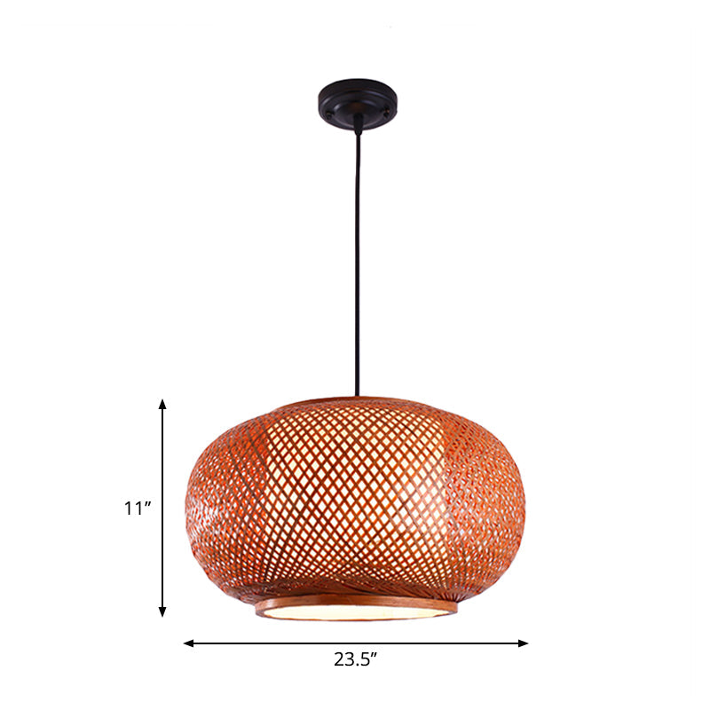 Curved Drum Suspension Pendant Asian Bamboo 1 Bulb Brown Hanging Light Kit, 16"/19.5"/23.5" Wide Clearhalo 'Ceiling Lights' 'Modern Pendants' 'Modern' 'Pendant Lights' 'Pendants' Lighting' 276775