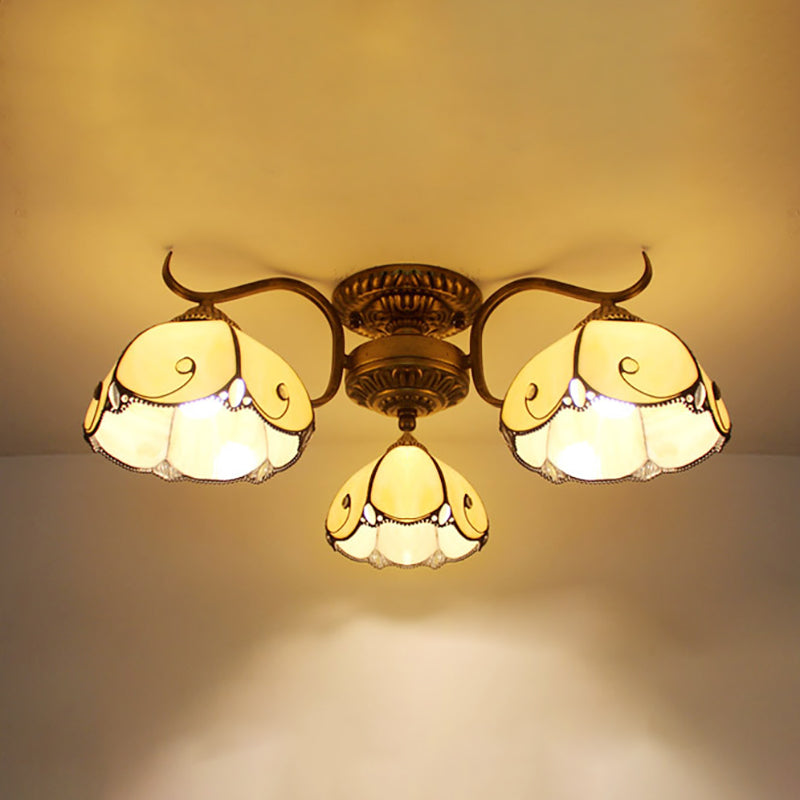3 Lights Bowl Semi Flushmount Stained Glass Vintage Ceiling Light in Beige/Yellow/Purple/Clear/Blue-Pink/Blue-White/Green-White for Bedroom Beige Clearhalo 'Ceiling Lights' 'Close To Ceiling Lights' 'Close to ceiling' 'Glass shade' 'Glass' 'Semi-flushmount' 'Tiffany close to ceiling' 'Tiffany' Lighting' 27678