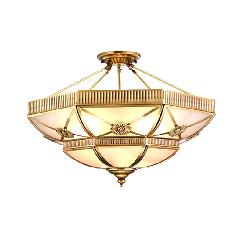 Domed Living Room Semi Flush Light Classic Milky Glass 4/6 Lights Gold Semi Flush Mount, 18"/25" Wide Clearhalo 'Ceiling Lights' 'Close To Ceiling Lights' 'Close to ceiling' 'Glass shade' 'Glass' 'Semi-flushmount' Lighting' 276855
