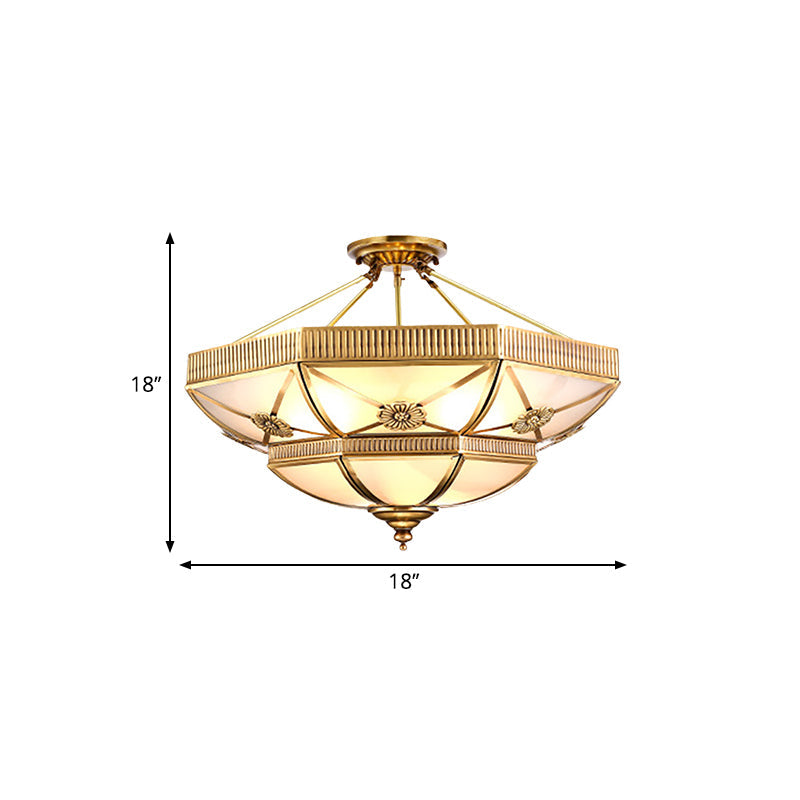 Domed Living Room Semi Flush Light Classic Milky Glass 4/6 Lights Gold Semi Flush Mount, 18"/25" Wide Clearhalo 'Ceiling Lights' 'Close To Ceiling Lights' 'Close to ceiling' 'Glass shade' 'Glass' 'Semi-flushmount' Lighting' 276856