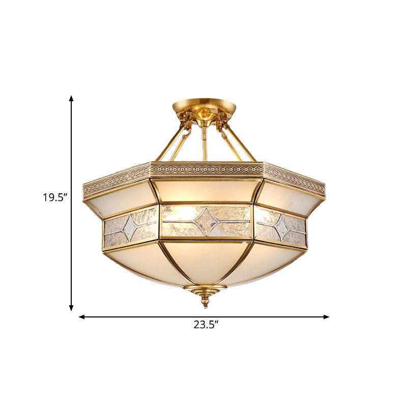14"/18"/23.5" Wide 3/4/6 Lights Frosted Glass Ceiling Mounted Fixture Vintage Brass Geometric Living Room Semi Mount Lighting Clearhalo 'Ceiling Lights' 'Chandeliers' 'Close To Ceiling Lights' 'Close to ceiling' 'Glass shade' 'Glass' 'Semi-flushmount' Lighting' 276864
