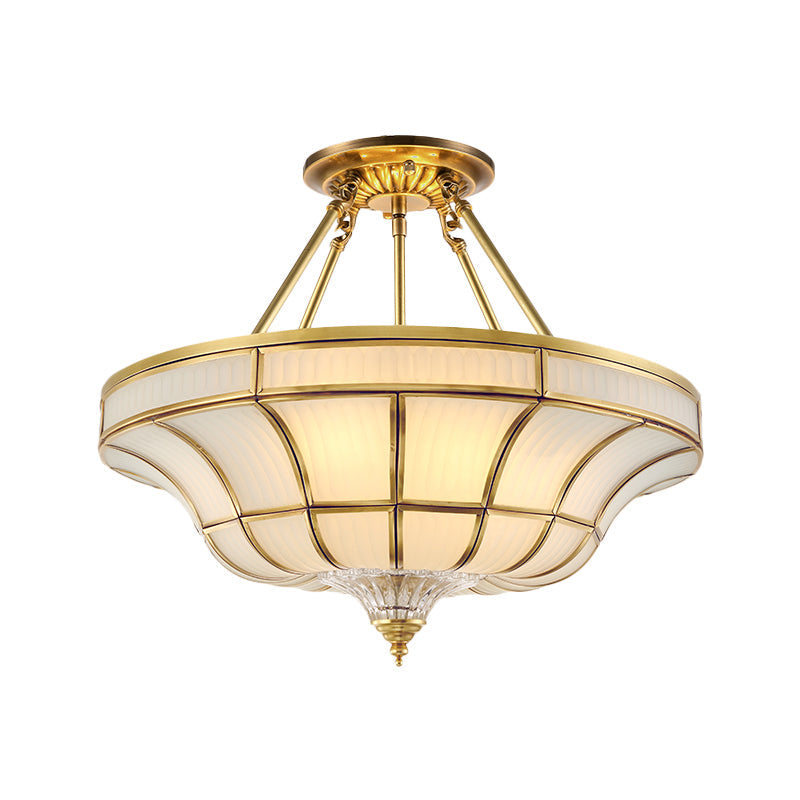 3/6 Lights Ceiling Mount Antique Curved Frosted Glass Semi Flush Lighting in Brass for Bedroom, 16"/19.5" Wide Clearhalo 'Ceiling Lights' 'Close To Ceiling Lights' 'Close to ceiling' 'Glass shade' 'Glass' 'Semi-flushmount' Lighting' 276889