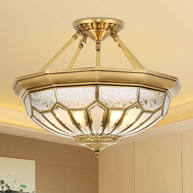 18"/19.5" Wide Bowl Bedroom Semi Flush Light Antique Frosted Glass 4/6 Lights Gold Semi Mount Lighting Clearhalo 'Ceiling Lights' 'Close To Ceiling Lights' 'Close to ceiling' 'Glass shade' 'Glass' 'Semi-flushmount' Lighting' 276908