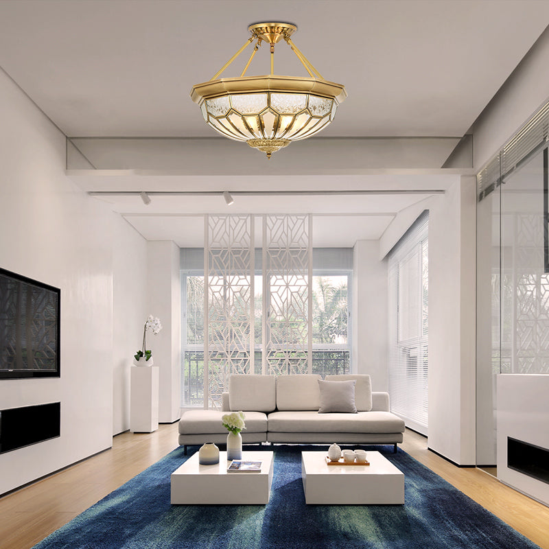 18"/19.5" Wide Bowl Bedroom Semi Flush Light Antique Frosted Glass 4/6 Lights Gold Semi Mount Lighting Clearhalo 'Ceiling Lights' 'Close To Ceiling Lights' 'Close to ceiling' 'Glass shade' 'Glass' 'Semi-flushmount' Lighting' 276909