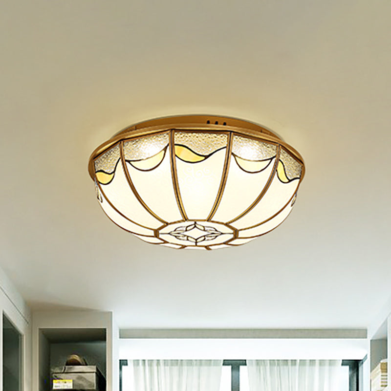 18���/21.5��� W Gold 4/5 Lights Ceiling Mount Antique Opal Glass Domed Shaped Flush Light Fixture for Bedroom with Flower Pattern Gold Clearhalo 'Ceiling Lights' 'Close To Ceiling Lights' 'Close to ceiling' 'Flush mount' Lighting' 276939