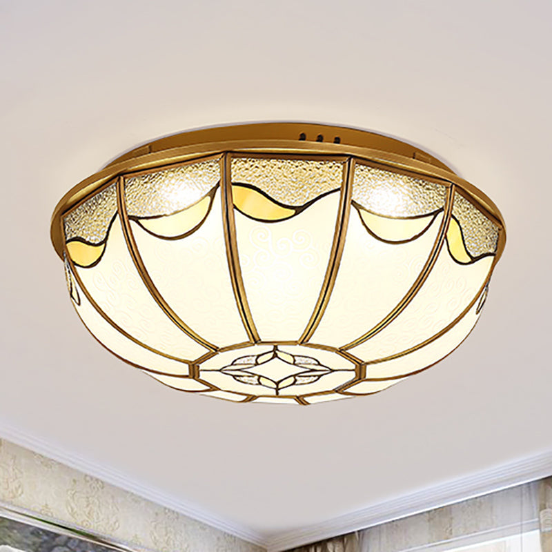 18���/21.5��� W Gold 4/5 Lights Ceiling Mount Antique Opal Glass Domed Shaped Flush Light Fixture for Bedroom with Flower Pattern Clearhalo 'Ceiling Lights' 'Close To Ceiling Lights' 'Close to ceiling' 'Flush mount' Lighting' 276940