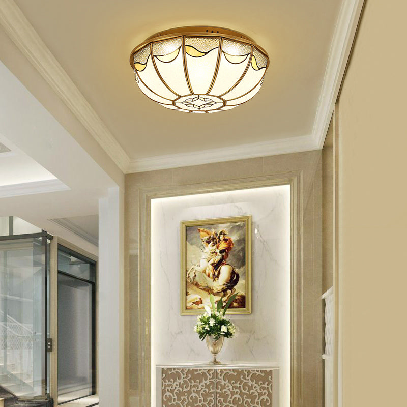 18���/21.5��� W Gold 4/5 Lights Ceiling Mount Antique Opal Glass Domed Shaped Flush Light Fixture for Bedroom with Flower Pattern Clearhalo 'Ceiling Lights' 'Close To Ceiling Lights' 'Close to ceiling' 'Flush mount' Lighting' 276941
