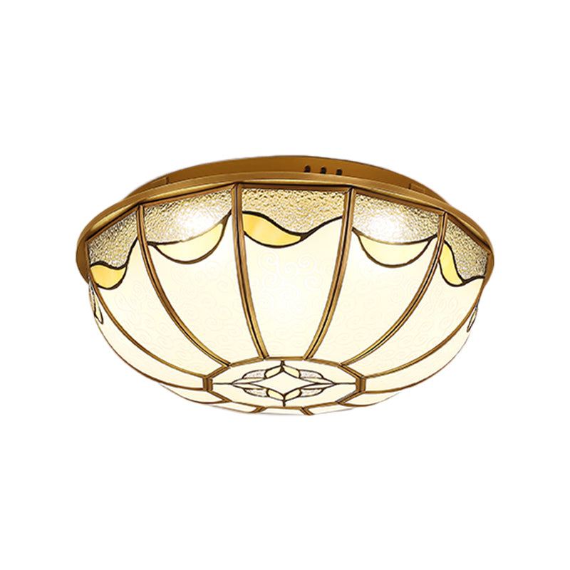 18���/21.5��� W Gold 4/5 Lights Ceiling Mount Antique Opal Glass Domed Shaped Flush Light Fixture for Bedroom with Flower Pattern Clearhalo 'Ceiling Lights' 'Close To Ceiling Lights' 'Close to ceiling' 'Flush mount' Lighting' 276942