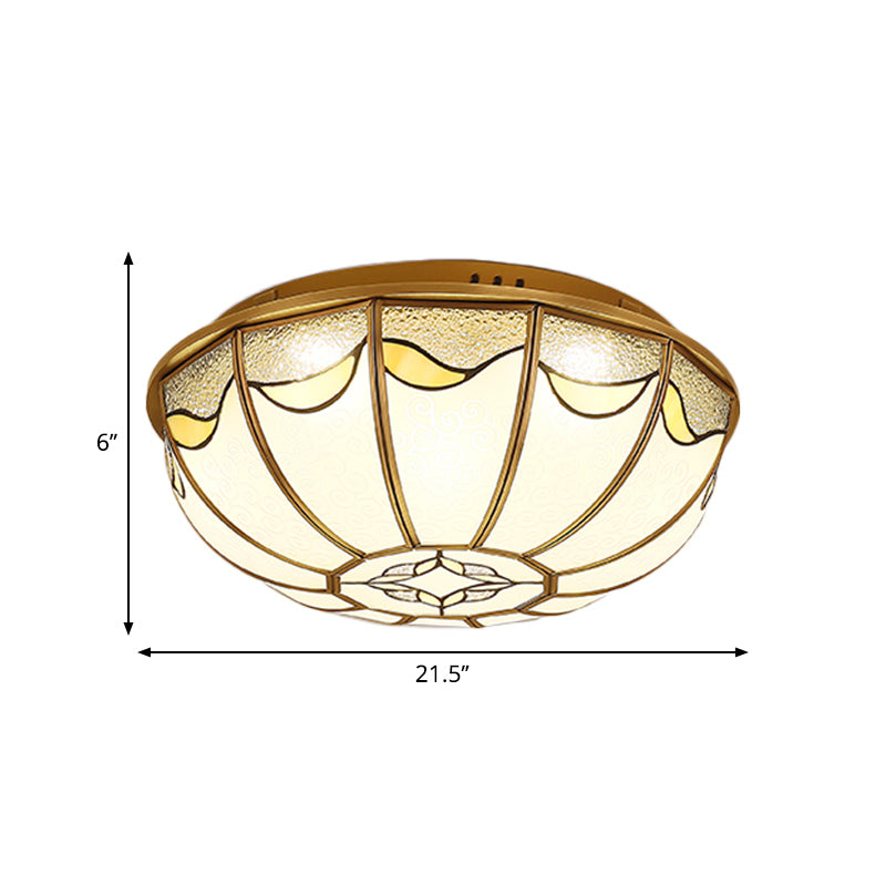 18���/21.5��� W Gold 4/5 Lights Ceiling Mount Antique Opal Glass Domed Shaped Flush Light Fixture for Bedroom with Flower Pattern Clearhalo 'Ceiling Lights' 'Close To Ceiling Lights' 'Close to ceiling' 'Flush mount' Lighting' 276944