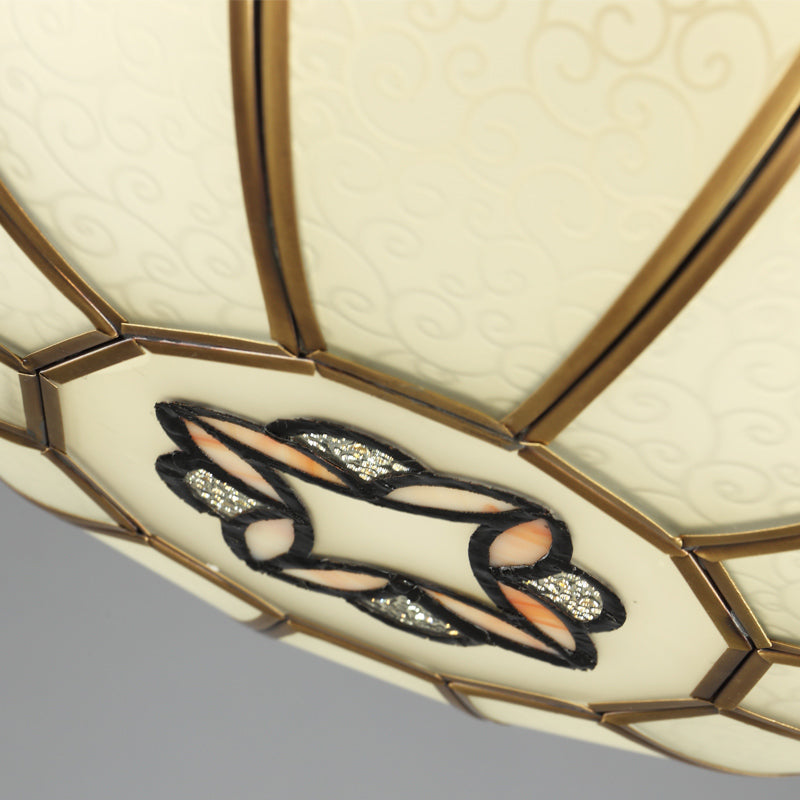 18���/21.5��� W Gold 4/5 Lights Ceiling Mount Antique Opal Glass Domed Shaped Flush Light Fixture for Bedroom with Flower Pattern Clearhalo 'Ceiling Lights' 'Close To Ceiling Lights' 'Close to ceiling' 'Flush mount' Lighting' 276945