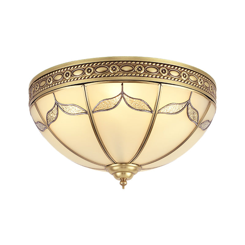 Domed Shade Bedroom Flushmount Light Traditional Milky Glass 3/4 Lights Gold Ceiling Lighting, 12.5"/16" W Clearhalo 'Ceiling Lights' 'Close To Ceiling Lights' 'Close to ceiling' 'Flush mount' Lighting' 276964