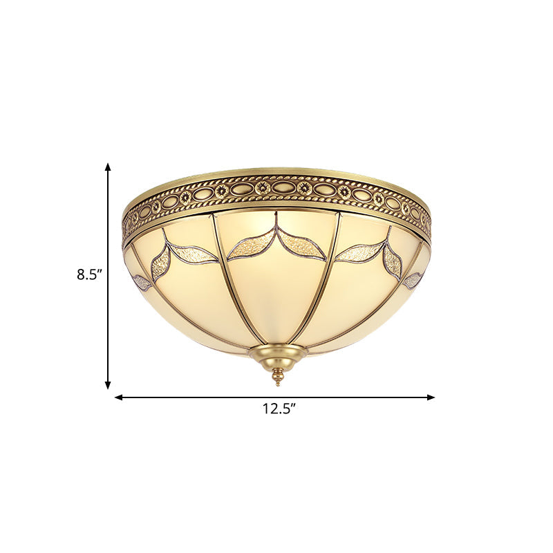 Domed Shade Bedroom Flushmount Light Traditional Milky Glass 3/4 Lights Gold Ceiling Lighting, 12.5"/16" W Clearhalo 'Ceiling Lights' 'Close To Ceiling Lights' 'Close to ceiling' 'Flush mount' Lighting' 276965