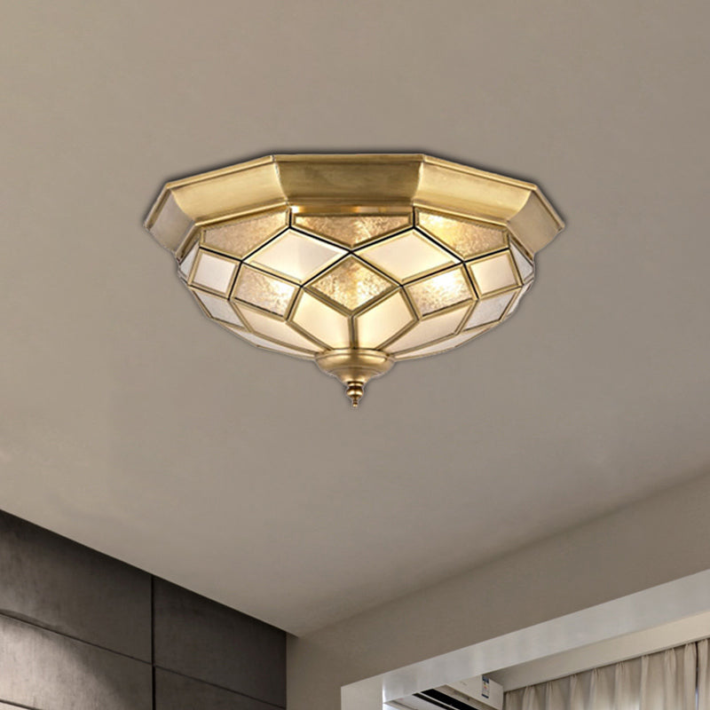 3/5 Lights Flush Ceiling Light Classic Prismatic Frosted Glass Pane Flush Mount Lighting in Gold for Bedroom, 18���/21.5��� W Gold Clearhalo 'Ceiling Lights' 'Close To Ceiling Lights' 'Close to ceiling' 'Flush mount' Lighting' 276995