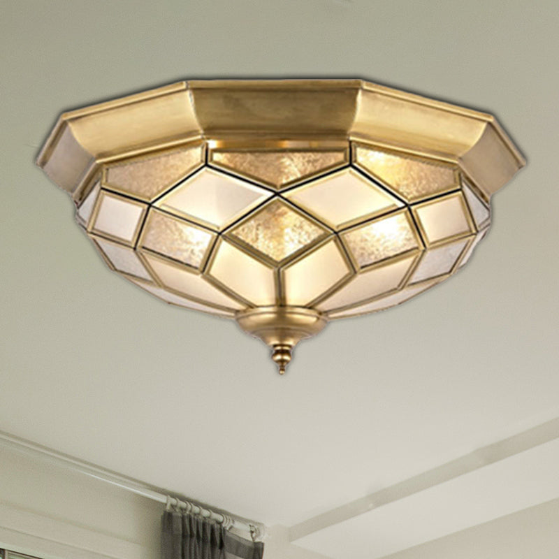 3/5 Lights Flush Ceiling Light Classic Prismatic Frosted Glass Pane Flush Mount Lighting in Gold for Bedroom, 18���/21.5��� W Clearhalo 'Ceiling Lights' 'Close To Ceiling Lights' 'Close to ceiling' 'Flush mount' Lighting' 276996