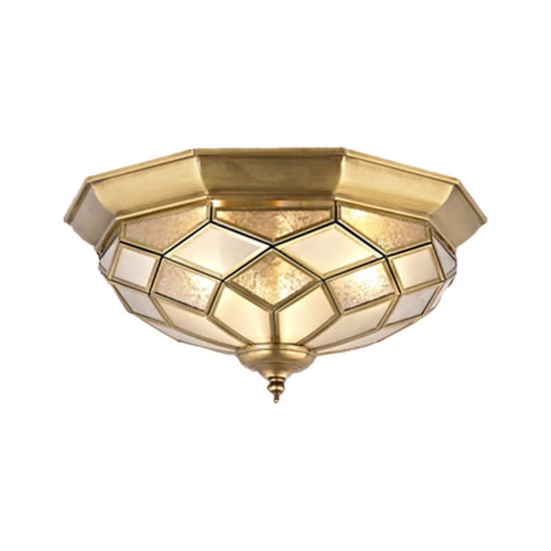3/5 Lights Flush Ceiling Light Classic Prismatic Frosted Glass Pane Flush Mount Lighting in Gold for Bedroom, 18���/21.5��� W Clearhalo 'Ceiling Lights' 'Close To Ceiling Lights' 'Close to ceiling' 'Flush mount' Lighting' 276998
