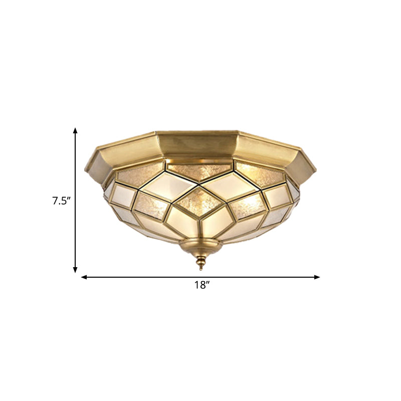 3/5 Lights Flush Ceiling Light Classic Prismatic Frosted Glass Pane Flush Mount Lighting in Gold for Bedroom, 18���/21.5��� W Clearhalo 'Ceiling Lights' 'Close To Ceiling Lights' 'Close to ceiling' 'Flush mount' Lighting' 276999