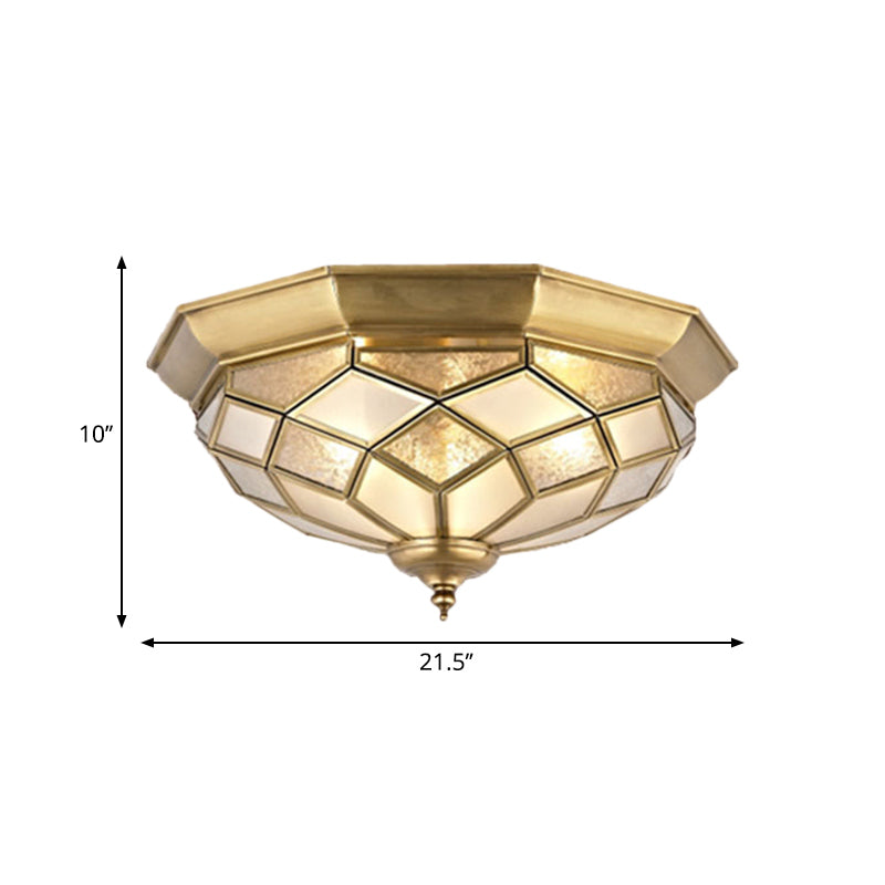 3/5 Lights Flush Ceiling Light Classic Prismatic Frosted Glass Pane Flush Mount Lighting in Gold for Bedroom, 18���/21.5��� W Clearhalo 'Ceiling Lights' 'Close To Ceiling Lights' 'Close to ceiling' 'Flush mount' Lighting' 277000
