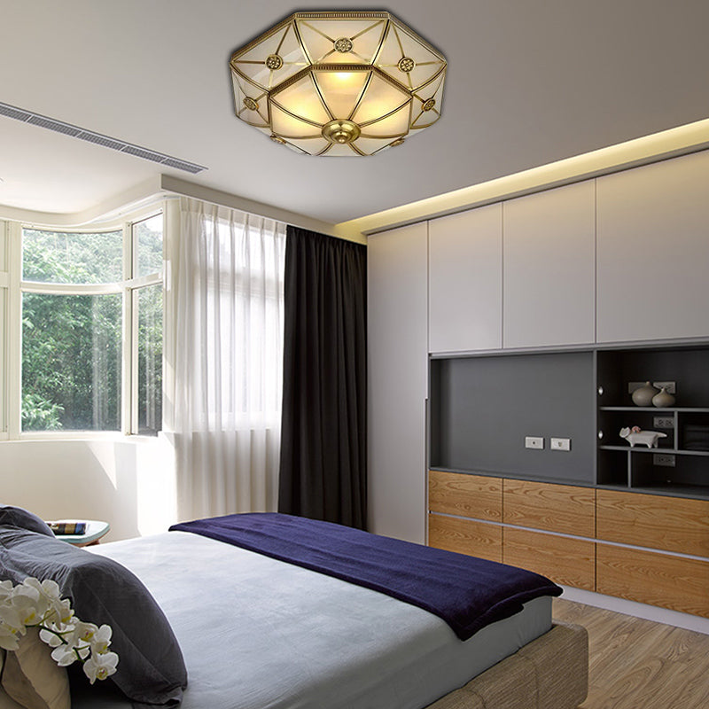 Brass 3/4/6 Lights Flush Mount Traditional Curved Frosted Glass Flower Flush Ceiling Light Fixture for Bedroom Clearhalo 'Ceiling Lights' 'Close To Ceiling Lights' 'Close to ceiling' 'Flush mount' Lighting' 277079