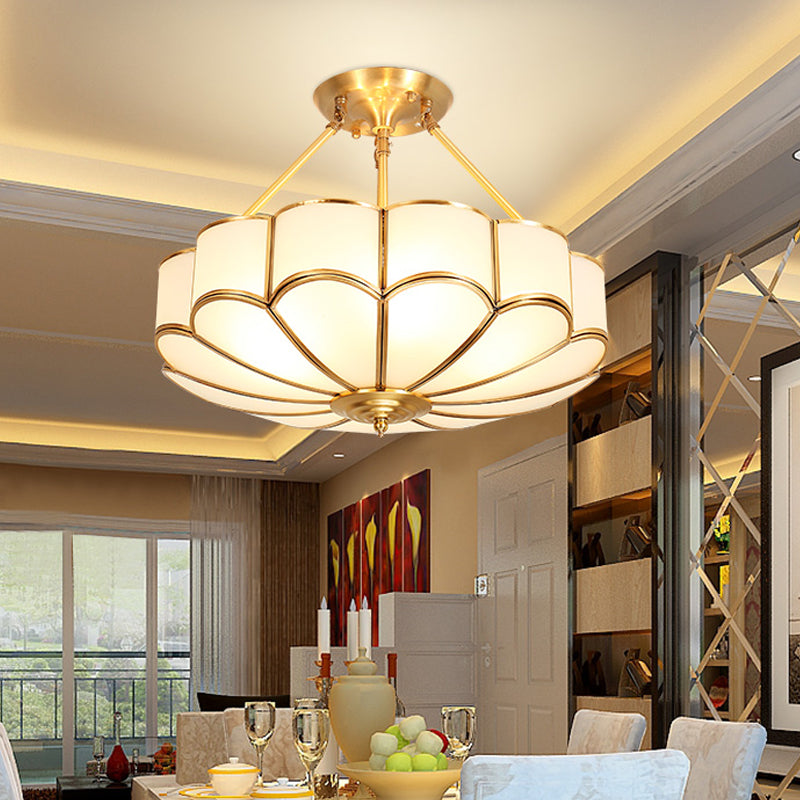 Scalloped Bedroom Semi Flush Light Traditionalism Metal 4/6 Bulbs Brass Ceiling Fixture, 18"/23.5" W Brass Clearhalo 'Ceiling Lights' 'Close To Ceiling Lights' 'Close to ceiling' 'Semi-flushmount' Lighting' 277231