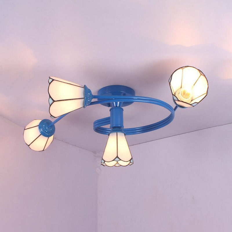 Mediterranean Style Crooked Blue Twig Half Ceiling Lamp Badminton Colorful Glass Radial 4 Heads Ceiling Lamp Wei������ Clearhalo 'Close to ceiling' 'Deckenleuchte' Leuchte' 27733