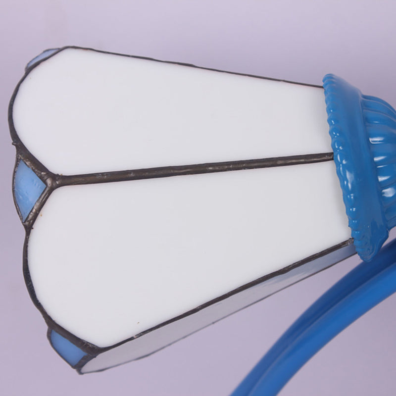 Cone Semi Flush Light Tiffany Traditional Stained Glass 4/6 Lights Semi Flushmount in White/Blue for Bedroom Clearhalo 'Ceiling Lights' 'Close To Ceiling Lights' 'Close to ceiling' 'Glass shade' 'Glass' 'Semi-flushmount' 'Tiffany close to ceiling' 'Tiffany' Lighting' 27750