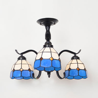 Tiffany Indoor Semi Surface Mount Ceiling Light with Mediterranean/Leaf/Rose/Blue Square Design Stained Glass 3 Lights Semi Flush Light in Black Clearhalo 'Ceiling Lights' 'Close To Ceiling Lights' 'Close to ceiling' 'Glass shade' 'Glass' 'Semi-flushmount' 'Tiffany close to ceiling' 'Tiffany' Lighting' 27795