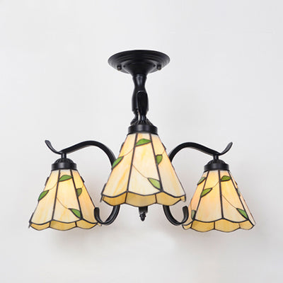Tiffany Indoor Semi Surface Mount Ceiling Light with Mediterranean/Leaf/Rose/Blue Square Design Stained Glass 3 Lights Semi Flush Light in Black Clearhalo 'Ceiling Lights' 'Close To Ceiling Lights' 'Close to ceiling' 'Glass shade' 'Glass' 'Semi-flushmount' 'Tiffany close to ceiling' 'Tiffany' Lighting' 27801
