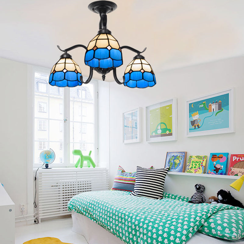 3/5 Lights Semi Flushmount with Shade Tiffany Style Stained Glass Semi Flush Lamp in Red/Blue/Green/Blue-White for Stairway 3 Blue-White Clearhalo 'Ceiling Lights' 'Close To Ceiling Lights' 'Close to ceiling' 'Glass shade' 'Glass' 'Semi-flushmount' 'Tiffany close to ceiling' 'Tiffany' Lighting' 27820