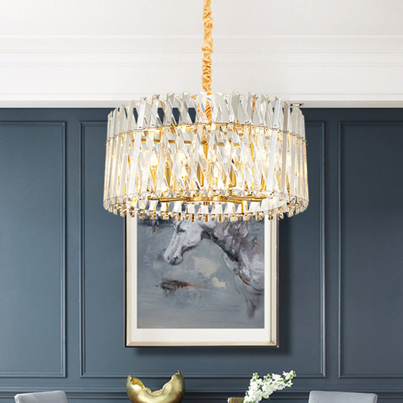 Round Tri-Sided Crystal Rod Hanging Light Fixture Postmodern 8/10 Lights Gold Chandelier Lamp Clearhalo 'Ceiling Lights' 'Chandeliers' Lighting' options 278222