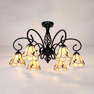 Tiffany Semi Flush Lighting with Curved Arm 3/5/6 Lights Stained Glass Semi Flush Mount in White/Yellow/Blue/Green for Living Room Clearhalo 'Ceiling Lights' 'Close To Ceiling Lights' 'Close to ceiling' 'Glass shade' 'Glass' 'Semi-flushmount' 'Tiffany close to ceiling' 'Tiffany' Lighting' 27851