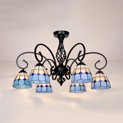 Tiffany Semi Flush Lighting with Curved Arm 3/5/6 Lights Stained Glass Semi Flush Mount in White/Yellow/Blue/Green for Living Room 6 Blue Clearhalo 'Ceiling Lights' 'Close To Ceiling Lights' 'Close to ceiling' 'Glass shade' 'Glass' 'Semi-flushmount' 'Tiffany close to ceiling' 'Tiffany' Lighting' 27854