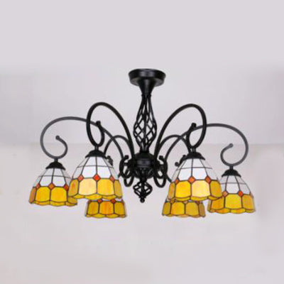 Tiffany Semi Flush Lighting with Curved Arm 3/5/6 Lights Stained Glass Semi Flush Mount in White/Yellow/Blue/Green for Living Room Clearhalo 'Ceiling Lights' 'Close To Ceiling Lights' 'Close to ceiling' 'Glass shade' 'Glass' 'Semi-flushmount' 'Tiffany close to ceiling' 'Tiffany' Lighting' 27857