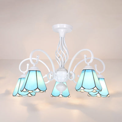 Living Room Semi Flush Mount Light with Shade Tiffany Style 3/5 Lights Semi Flush Lamp in White/Blue/Sky Blue 5 Sky Blue Clearhalo 'Ceiling Lights' 'Close To Ceiling Lights' 'Close to ceiling' 'Glass shade' 'Glass' 'Semi-flushmount' 'Tiffany close to ceiling' 'Tiffany' Lighting' 27887