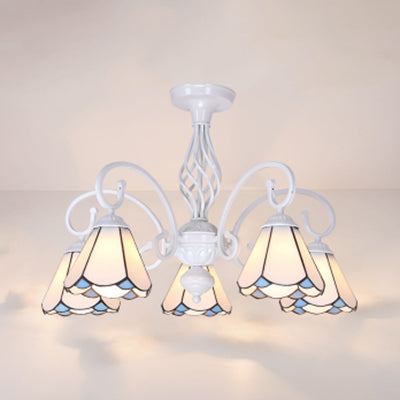 Living Room Semi Flush Mount Light with Shade Tiffany Style 3/5 Lights Semi Flush Lamp in White/Blue/Sky Blue 5 White Clearhalo 'Ceiling Lights' 'Close To Ceiling Lights' 'Close to ceiling' 'Glass shade' 'Glass' 'Semi-flushmount' 'Tiffany close to ceiling' 'Tiffany' Lighting' 27889