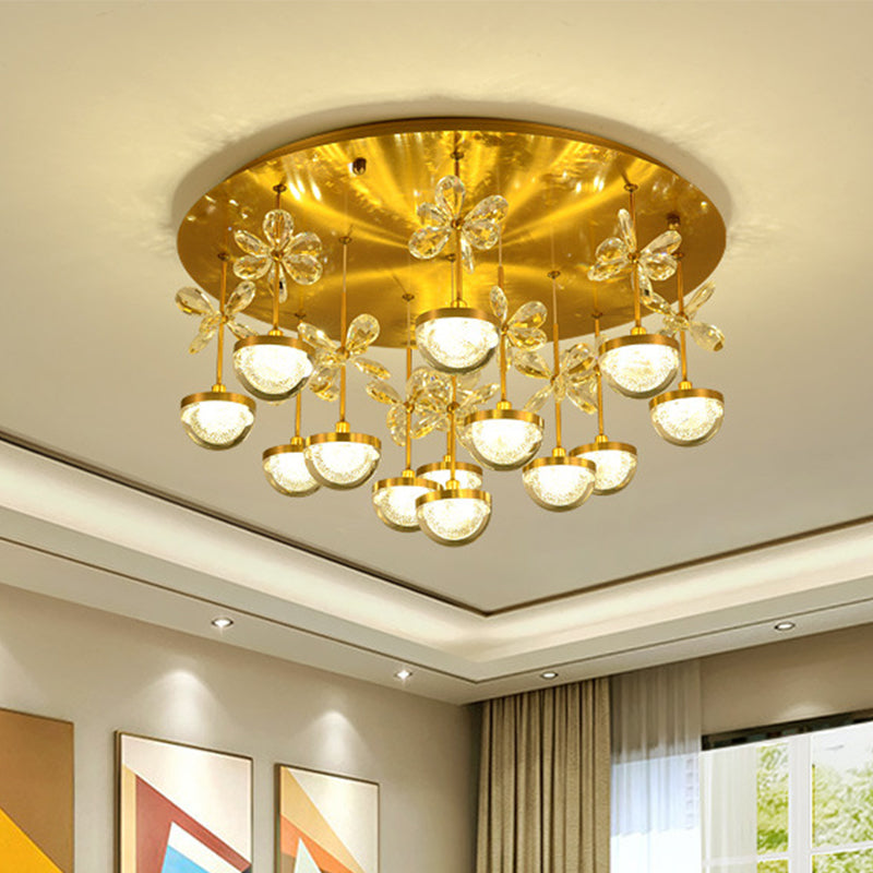 Hemisphere Semi Flush Contemporary Crystal 9/12 Heads Brass Close to Ceiling Lamp, 18"/23.5" Wide Clearhalo 'Ceiling Lights' 'Close To Ceiling Lights' 'Close to ceiling' 'Semi-flushmount' Lighting' 279005