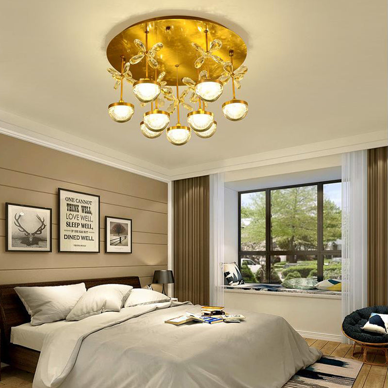 Hemisphere Semi Flush Contemporary Crystal 9/12 Heads Brass Close to Ceiling Lamp, 18"/23.5" Wide Clearhalo 'Ceiling Lights' 'Close To Ceiling Lights' 'Close to ceiling' 'Semi-flushmount' Lighting' 279006