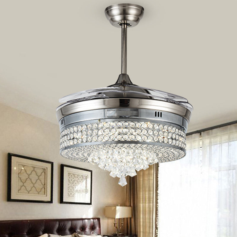 Wall Control/Remote Control/Frequency Convertible Tapered Fan Light Minimalist Clear Crystal LED Silver Hanging Wind Machine Clearhalo 'Ceiling Fans with Lights' 'Ceiling Fans' 'Modern Ceiling Fans' 'Modern' Lighting' 279230