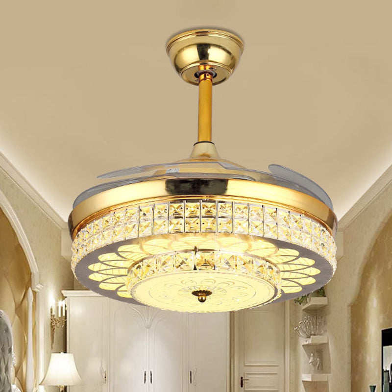 Silver/Gold 2-Tier LED Downrod Ceiling Fan Modernist 4-Blade Faceted Crystal Hanging Lamp with Wall Control/Remote Control/Frequency Conversion Clearhalo 'Ceiling Fans with Lights' 'Ceiling Fans' 'Modern Ceiling Fans' 'Modern' Lighting' 279362
