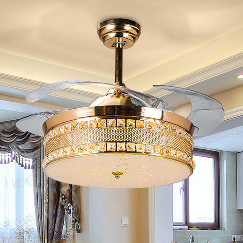 Clear Crystal Drum Fan Light Kit Remote Control/Wall Control/Frequency Convertible Modern LED Semi Flush Mount in Gold/Rose Gold, White/Color-Changing Light Clearhalo 'Ceiling Fans with Lights' 'Ceiling Fans' 'Modern Ceiling Fans' 'Modern' Lighting' 279375